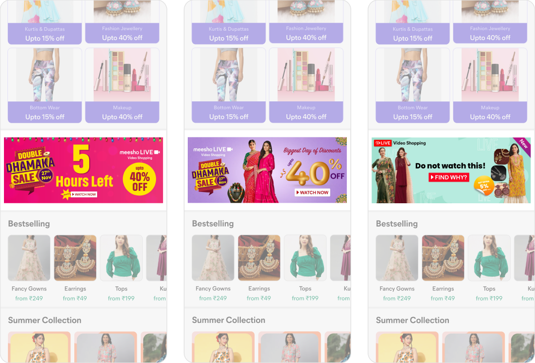 Static banner variants tested on the home page