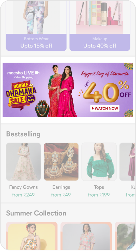 Live commerce banner in the home page feed