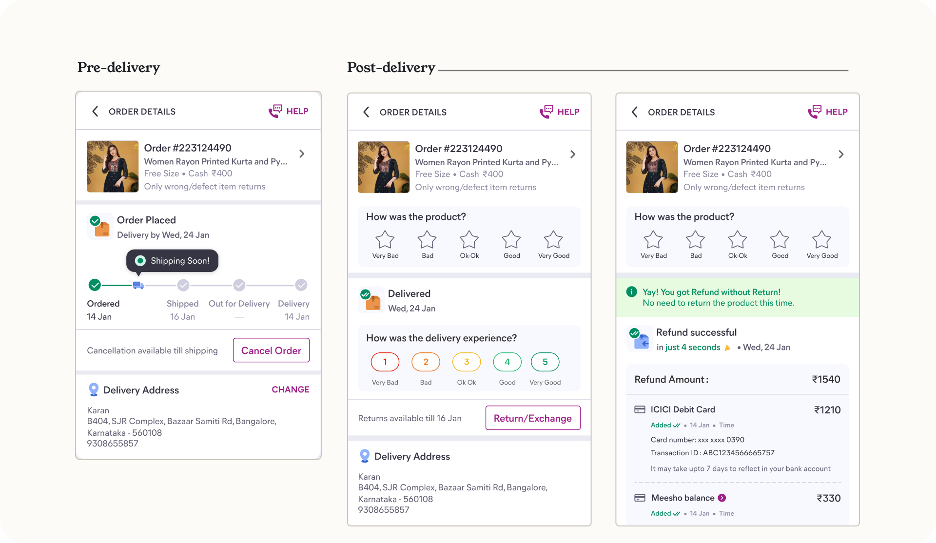 Pre-delivery and post-delivery journey on the order details page