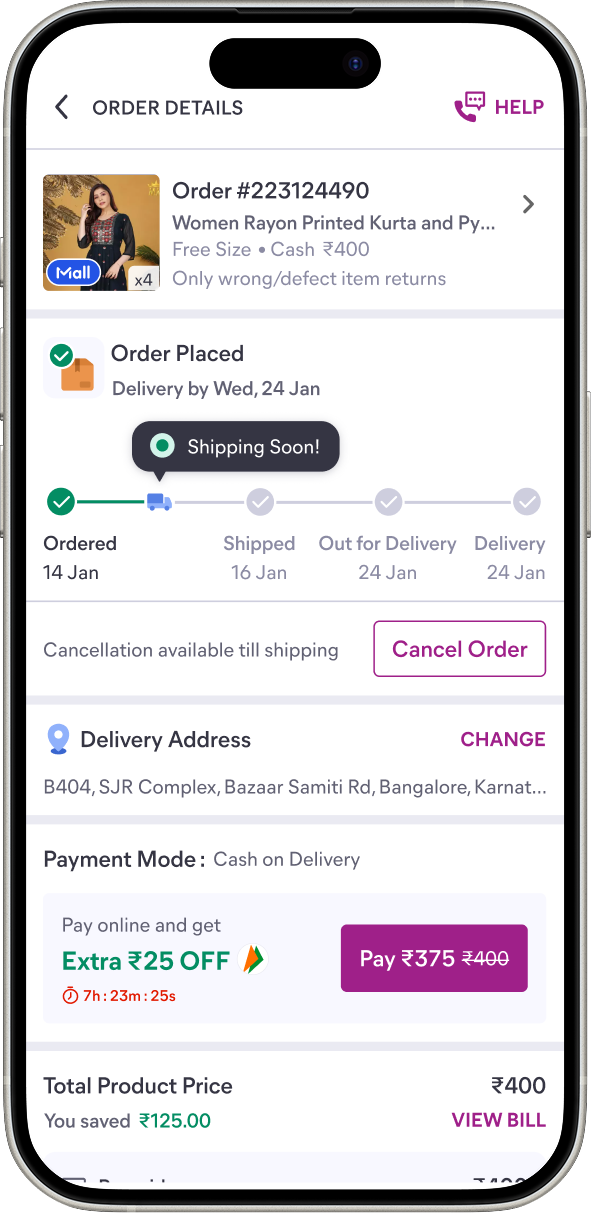 Order details page after
