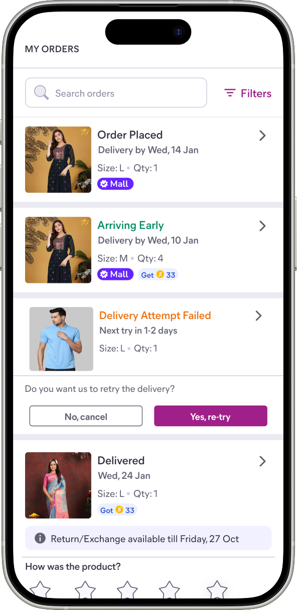 Order listing page after