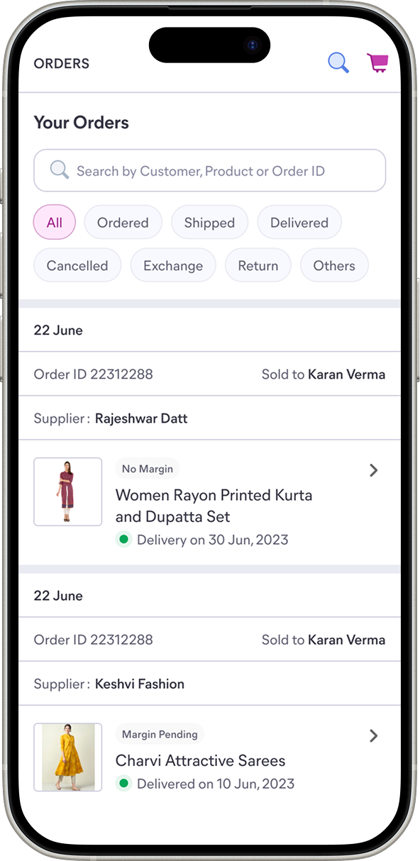 Order listing page before