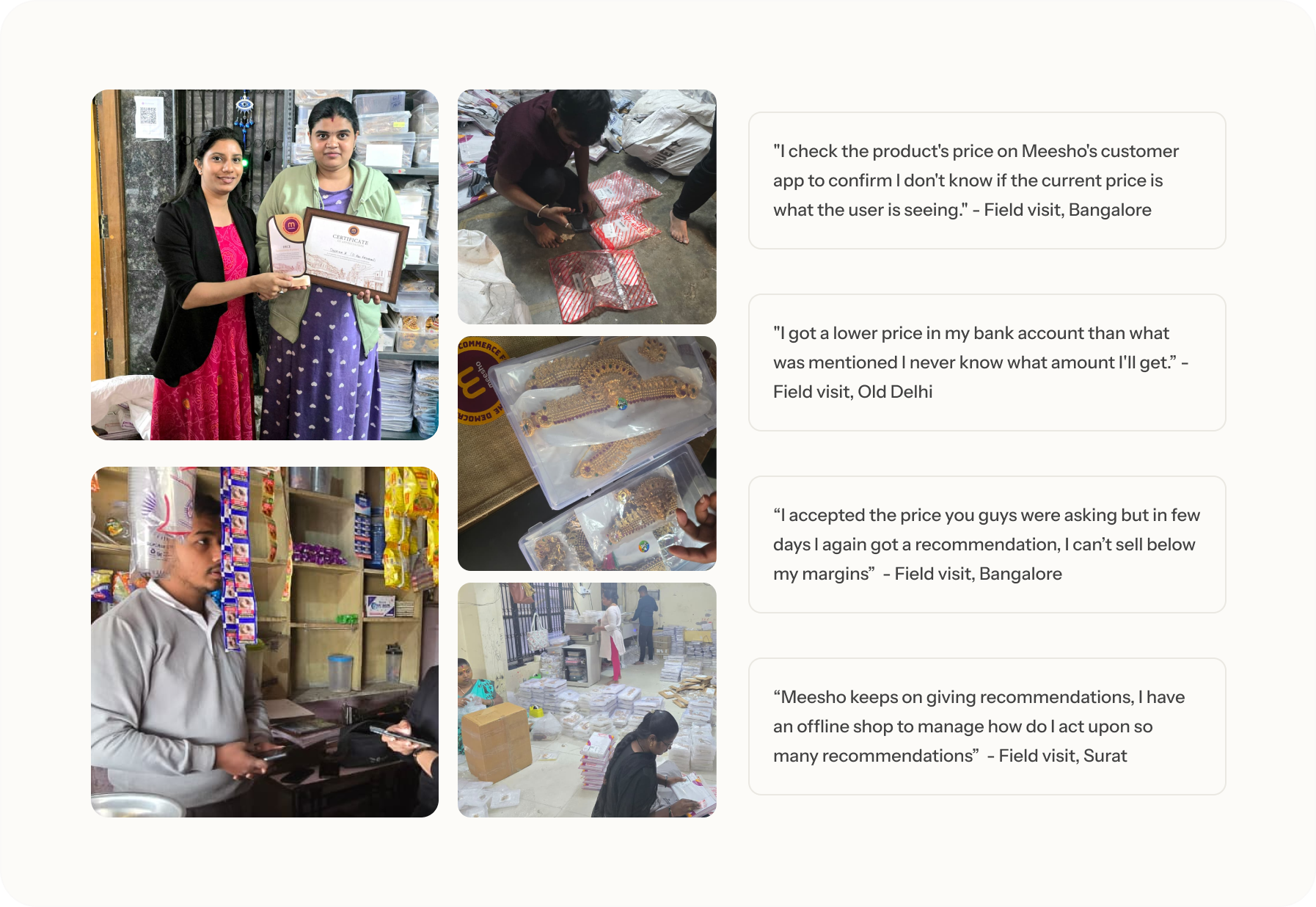 Field visits with sellers in Bangalore, Surat and Delhi
